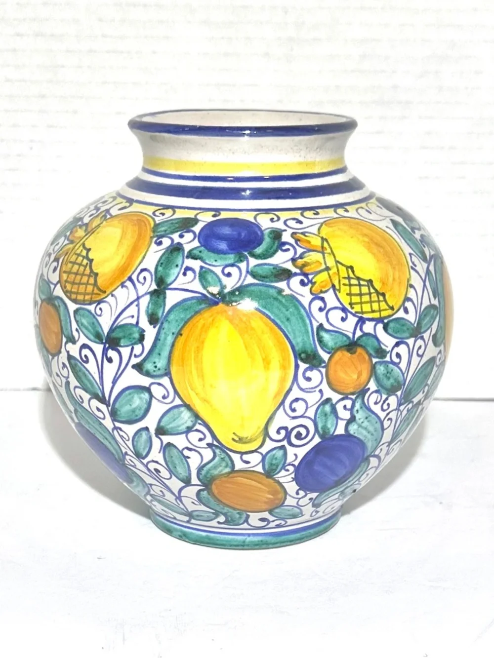 VTG Hand Painted Round Ceramic Vase 6” Fruit Motif Signed F Micalli Deruta Italy